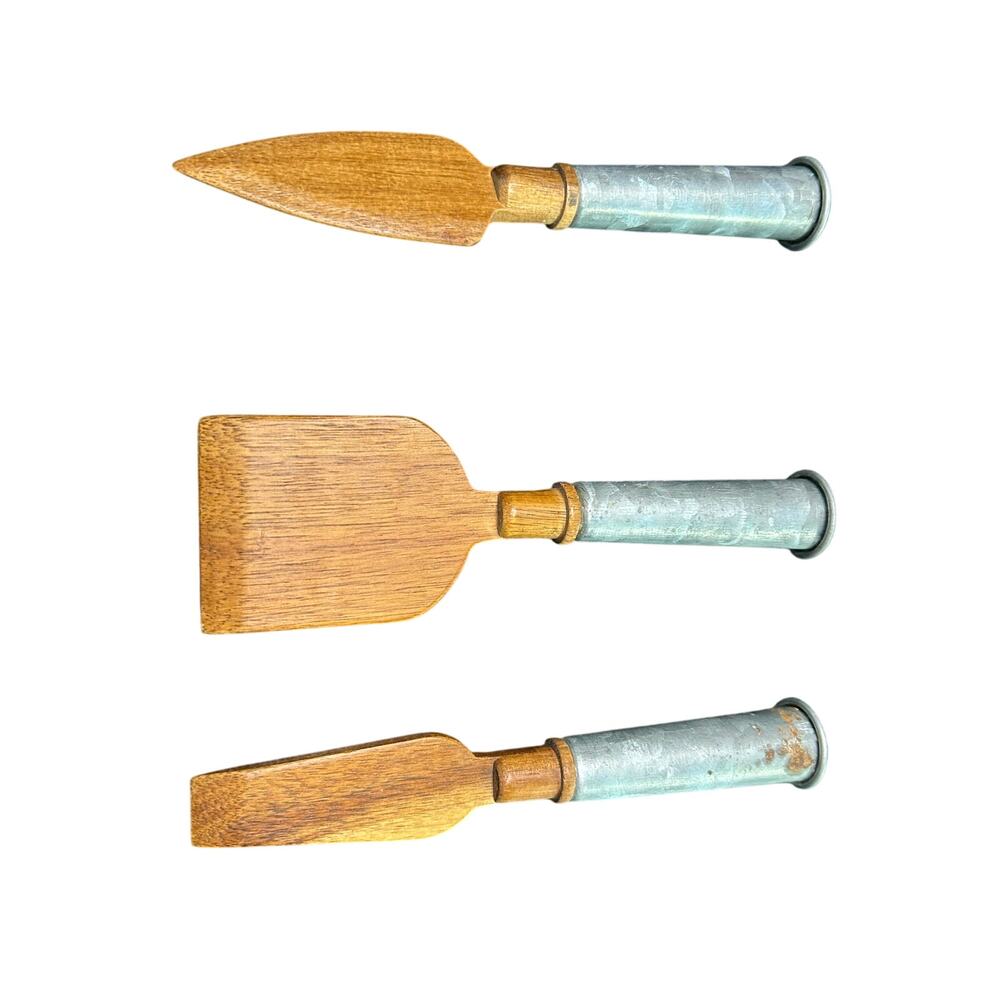 Retro Galvanized Metal Handle- wood Cheese set of 3 utensils- some rust- wear